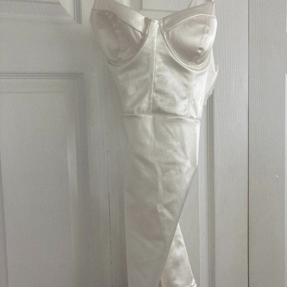 White or cream mini faux satin dress (some damage)